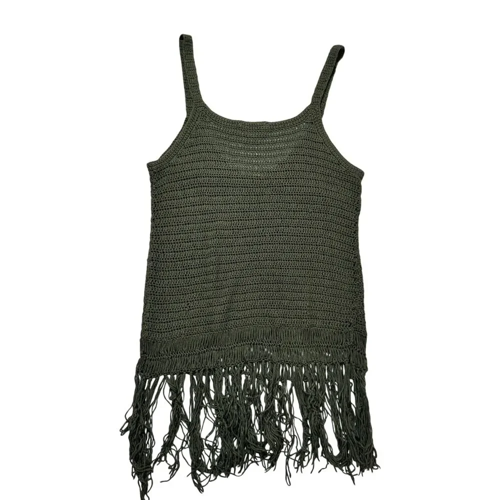 Olive Green Crochet Fringe Hem Tank Top Boho Festival Knit Women's Small Indie - Picture 2 of 11